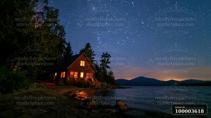 A wooden cabin sits by the water, with lights glowing warmly inside.