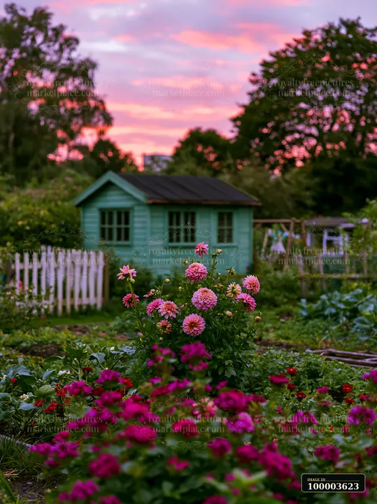 Small empty garden house beside blooming flowers, a white fence, and trees beneath a pink and purple dusk sky.