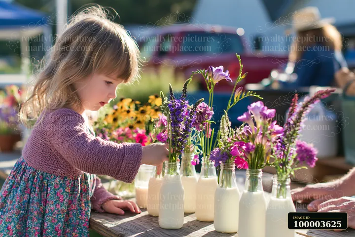 A young girl adjusts flowers in milk bottles while at a market table surrounded by colorful blooms.