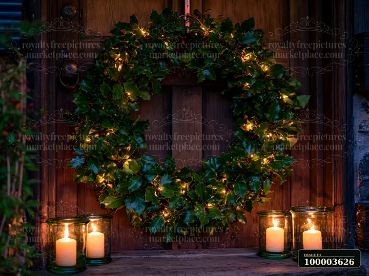 Holly wreath with warm lights and four candles decorates a rustic wooden door.
