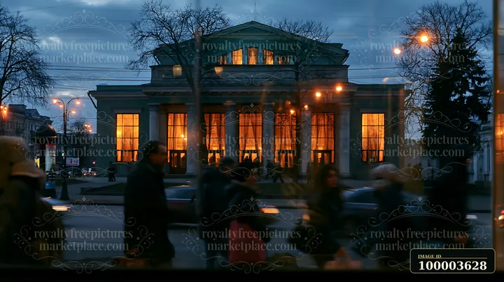 People walk by a Soviet theater exterior as warm light shines from its windows during dusk.