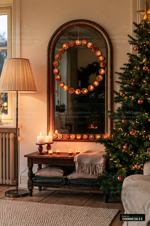A cozy living room features a Christmas tree, a mirror with dried orange decorations, and candles.