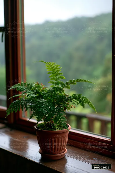 A fern plant sits on a wooden windowsill with a view of a green mountain landscape on a rainy day.
