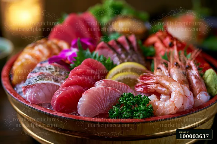 Sushi boat filled with assorted sashimi, shrimp, lemon, parsley, edible flowers, and wasabi in warm light.