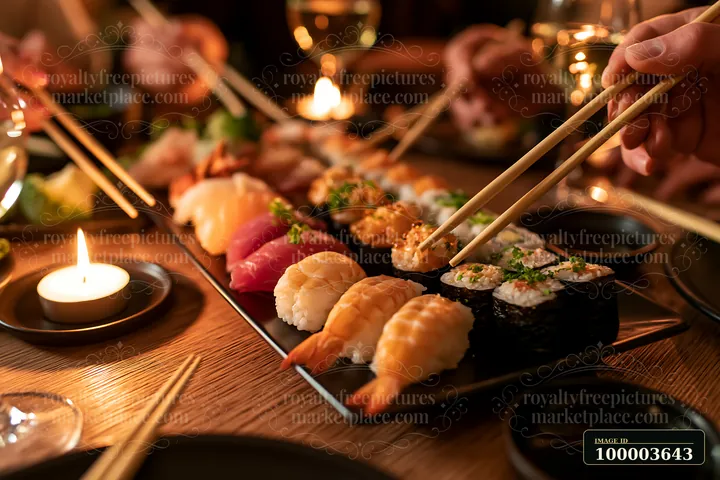 Guests use chopsticks to pick sushi from a selection served on a platter.