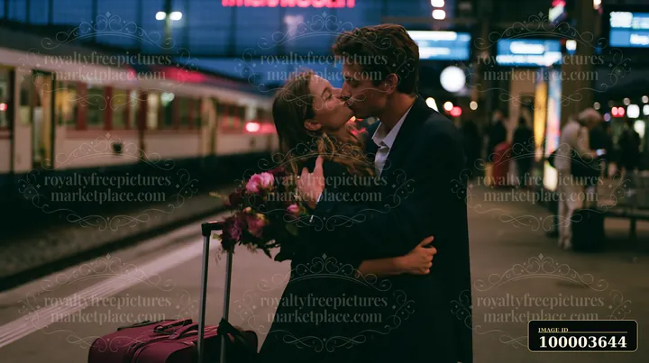 A couple kisses at a train station during their graduation celebration while holding flowers and standing next to a suitcase.