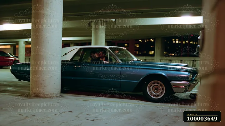 Couple kisses inside a blue vintage car parked in a concrete garage at night.