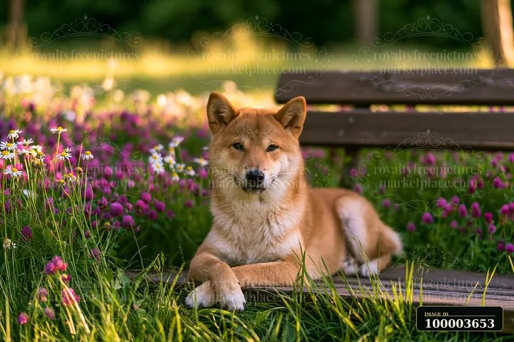 Shiba Inu rests among wildflowers and grass beside a wooden bench in a shaded meadow.