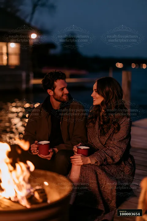 A couple sits beside a fire on a dock by a lake at night, holding cups and smiling at each other while the flames provide warmth and light.