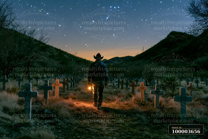 A person walks along a path between cross-shaped military grave markers under a starry sky.