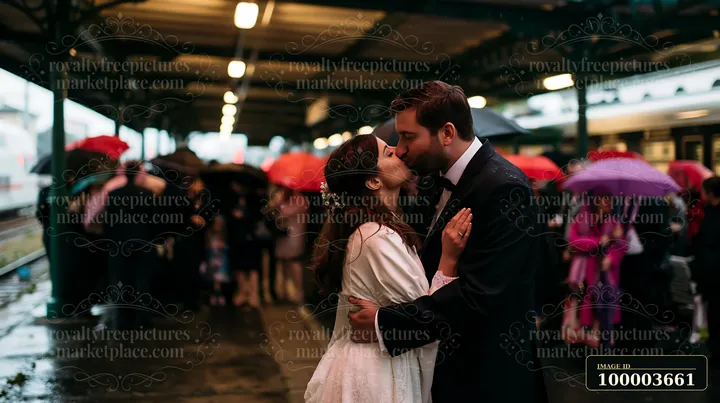 A bride and groom kiss at a train station while guests with umbrellas surround them.