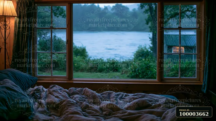 A timber cottage interior shows a view of a river during rain through the window.
