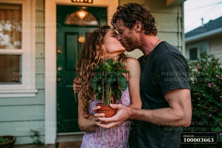 Couple kisses while holding a flowering potted plant outside their home.