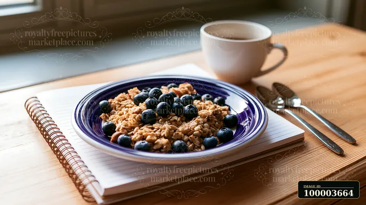 Plate of muesli topped with blueberries beside coffee, a notebook, and utensils on a sunlit wooden table.