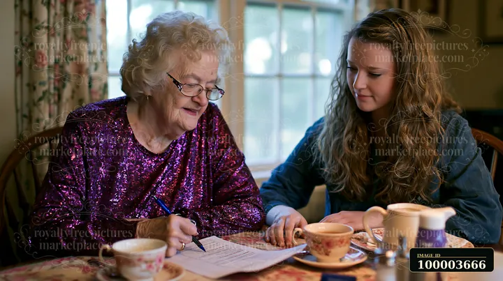 Older woman completes paperwork at a dining table with support from a young female companion.