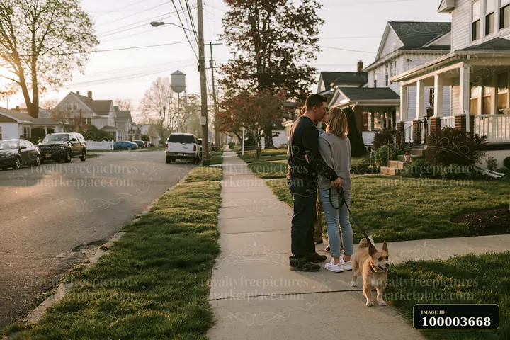 A couple kisses on a sidewalk in a residential area before heading to work.