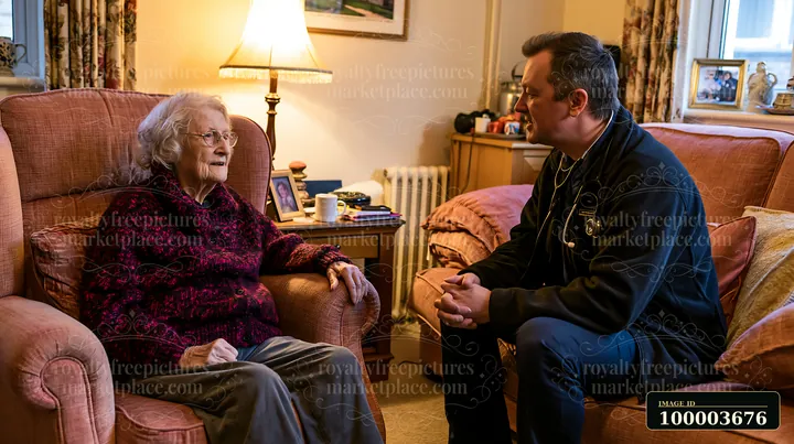 A doctor is talking with an elderly woman in a comfortable living room.
