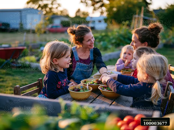 A family gathers around a table in a garden, sharing bowls of salad.