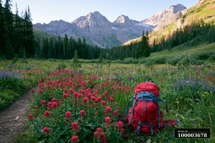 A red backpack rests in a wildflower meadow below rocky peaks.