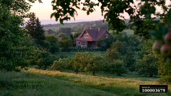A country house sits surrounded by fruit trees in a green rural area.