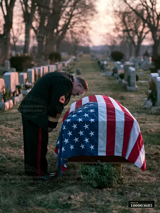A soldier stands solemnly at a cemetery, bowing beside a coffin draped in an American flag.