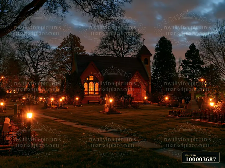 A memorial cemetery features glowing lights illuminating paths and gravestones as the sky transitions to night.