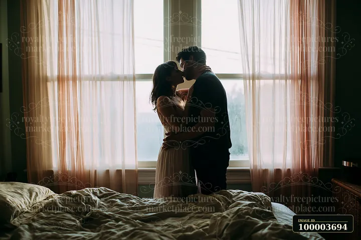 A couple kisses in a bright bedroom with soft light coming through large windows.