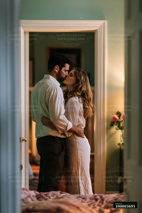 A couple sharing a kiss in a softly lit room before heading to work.