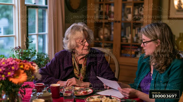 Older woman reviews medical papers with a caregiver at a dining table in a warmly lit home.