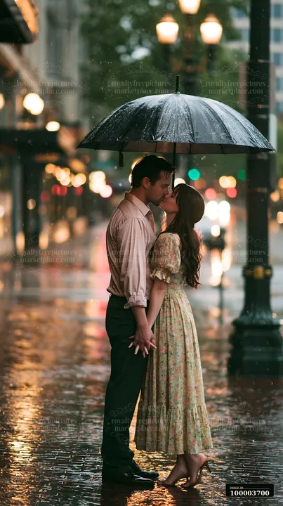 Couple kissing beneath a black umbrella on a rainy city street with glowing evening lights.