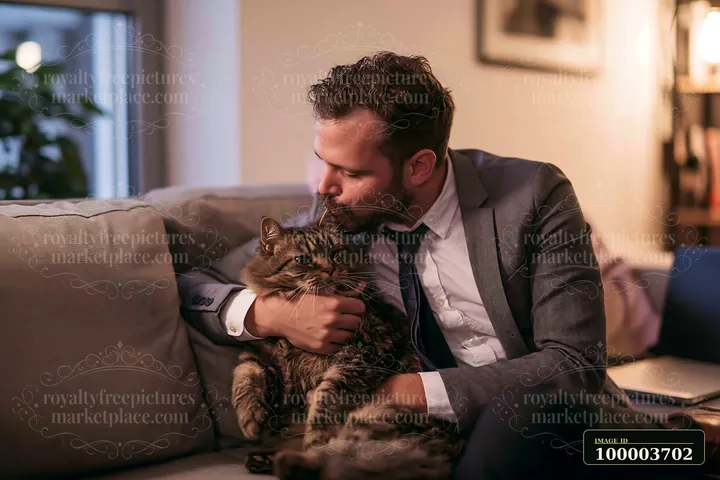 Man in a suit kisses a fluffy cat while holding it on a sofa in a warmly lit room.