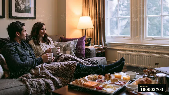 A couple sits on a sofa covered with blankets, enjoying warm drinks and snacks in a cozy living room with large windows.
