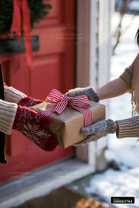 Gloved hands pass a wrapped present with a striped bow near a red doorway and snowy outdoors.