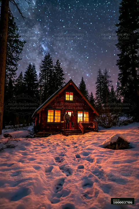 Two people stand outside a warmly lit cabin in snowy woods beneath a star-filled night sky.