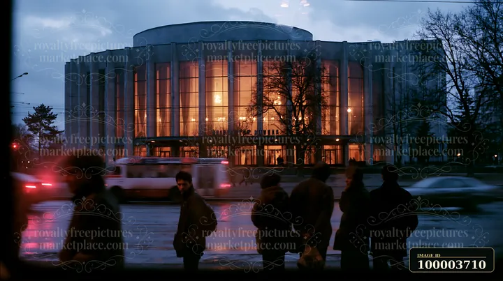 A Soviet theater exterior is visible at dusk, featuring bright lights inside.
