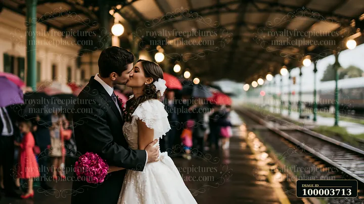 A bride and groom kiss at a train station while guests hold umbrellas.