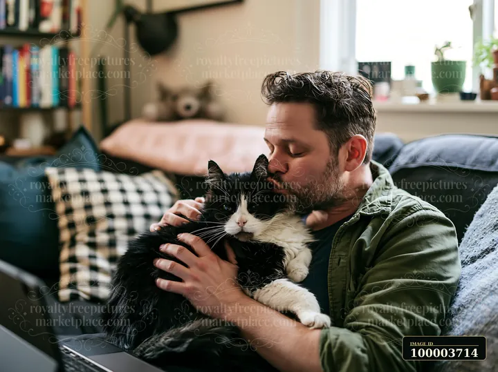 A man kisses his cat while holding it in a soft embrace on a sofa.