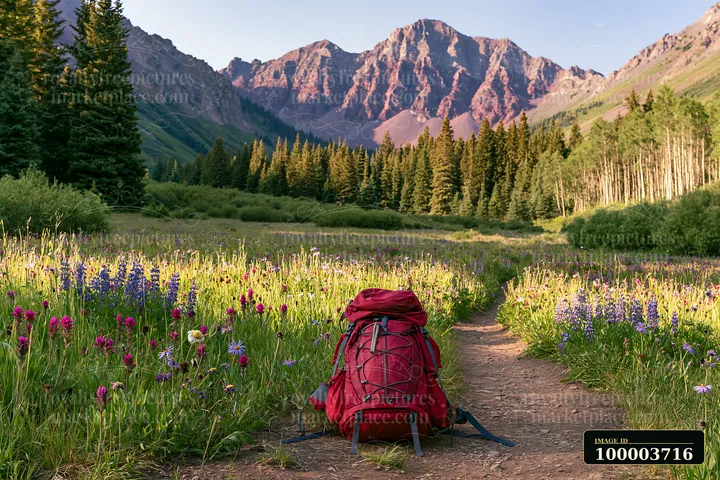 A red hiking backpack rests on a dirt path surrounded by a wildflower meadow below rocky peaks.
