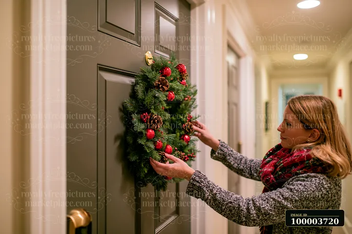 A woman hangs a Christmas wreath on her apartment door in a cozy hallway.