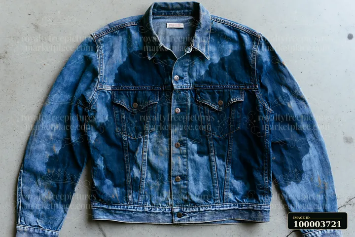 A denim jacket shows faded watermarks across its surface on a gray floor.