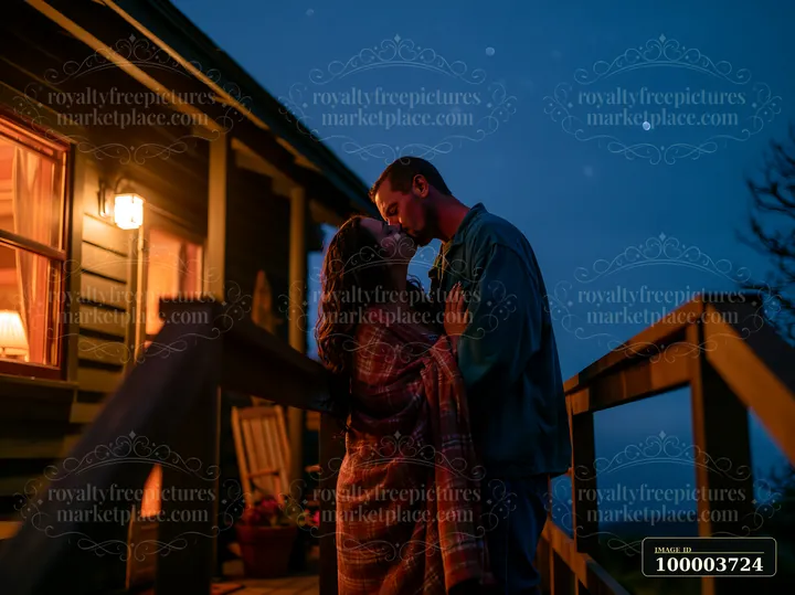Couple kisses beneath a starry evening sky while wrapped in a plaid blanket on a warmly lit porch.