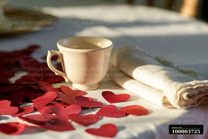 Red paper hearts surround a cream cup and folded napkins on a sunlit white table.