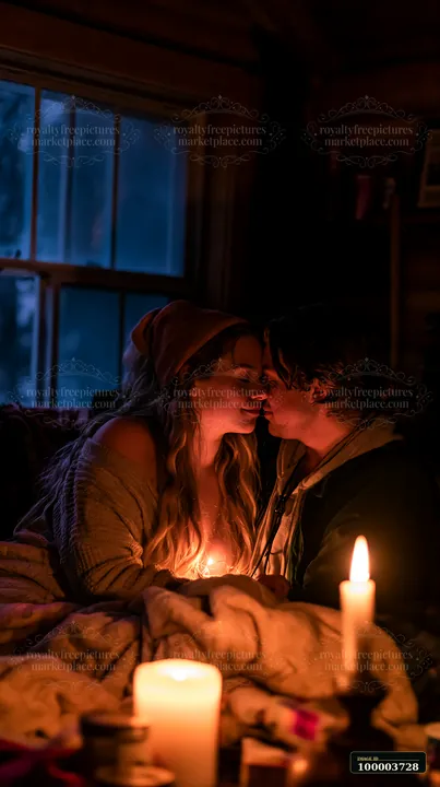 A couple sits close together in a cabin, sharing an intimate moment with a gentle kiss on the forehead.