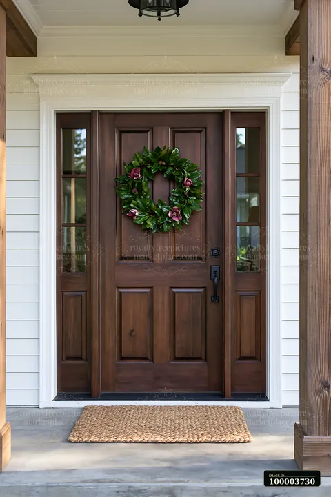 A modern wooden entrance door with a green wreath and a welcome mat stands at the entryway of a home.