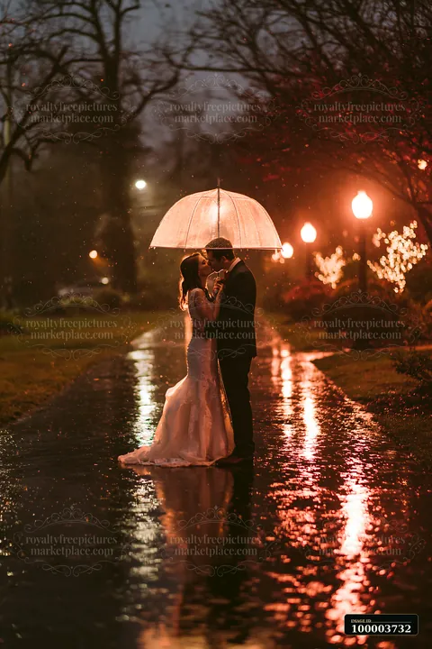 Bride and groom kiss beneath a clear umbrella on a rainy, illuminated garden path.