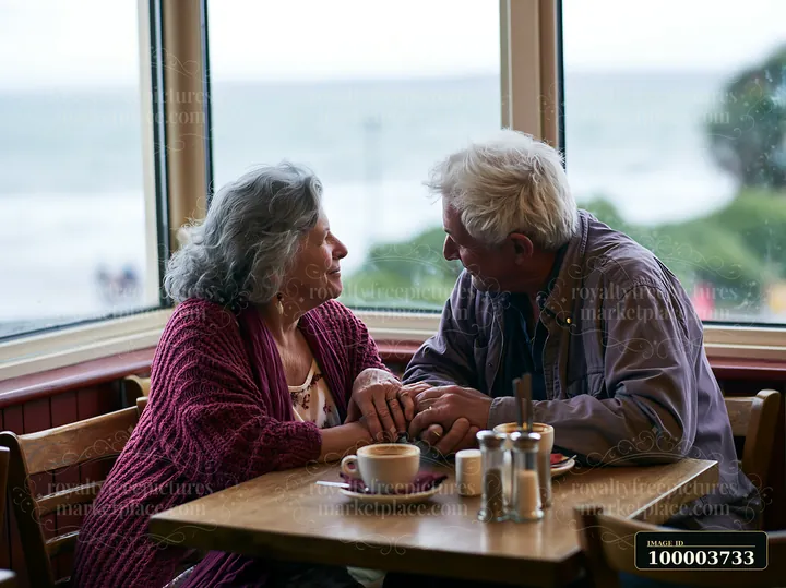 Older couple shares a tender moment across a café table beside a bright window.