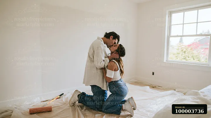 A couple kisses on the floor of a bright bedroom while preparing for painting.