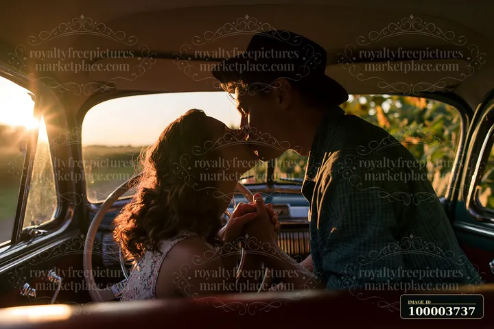 A couple kisses while seated in a vintage car, with sunlight streaming through the window.