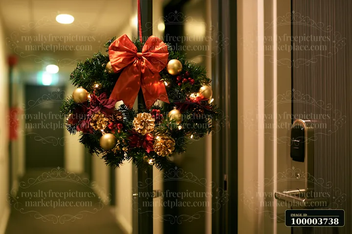 Festive wreath with a red bow and lights hangs on an apartment door in a warmly lit hallway.