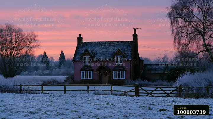 A charming country cottage sits in a snowy landscape under a pastel sky at sunset.